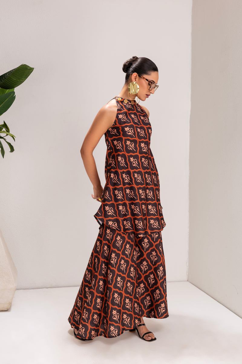 Brown Motif Print Halter Tunic Set