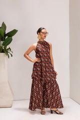 Brown Motif Print Halter Tunic Set