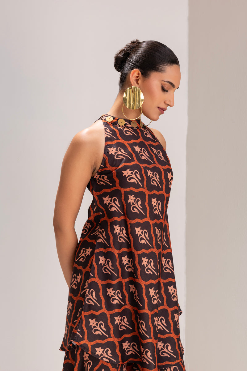Brown Motif Print Halter Tunic Set