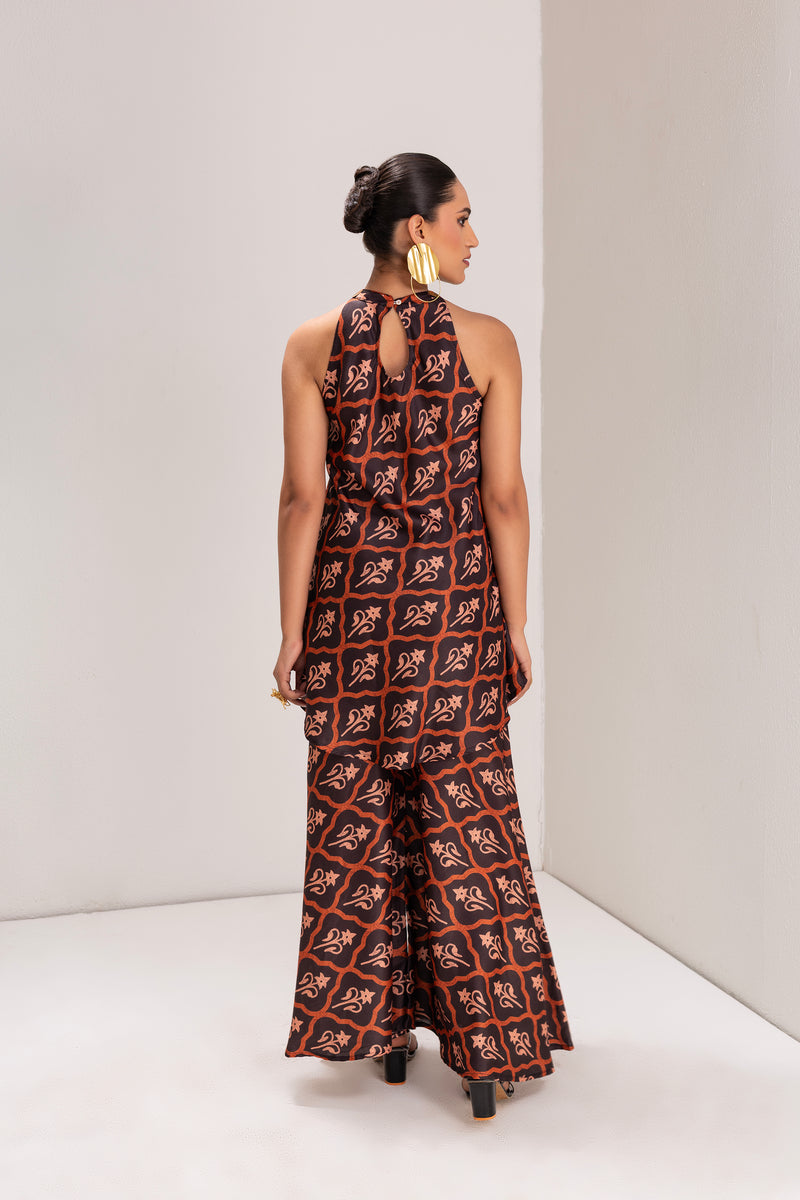 Brown Motif Print Halter Tunic Set