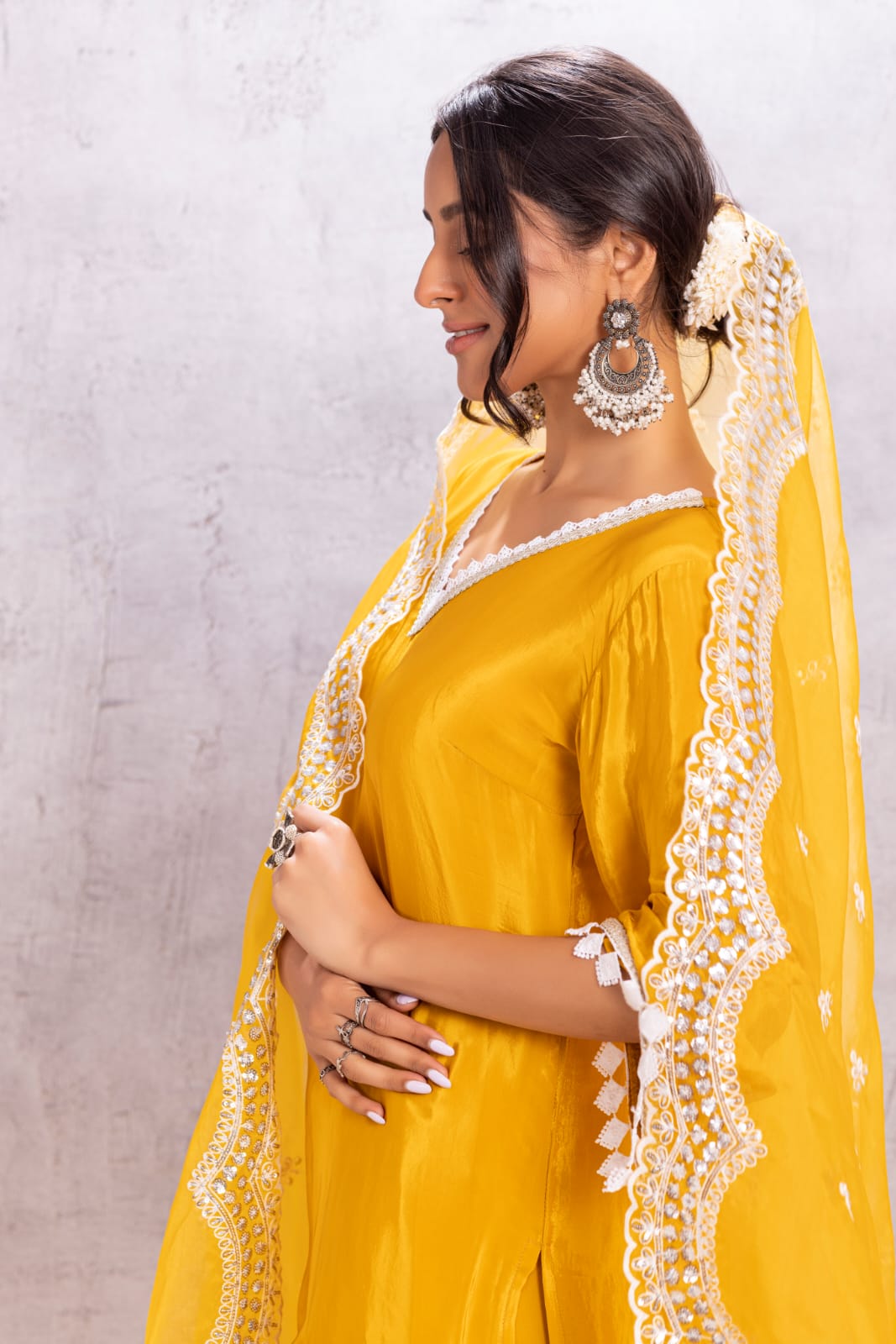 MUSTARD Crepe SUIT SET WITH ORGANZA DUPATTA