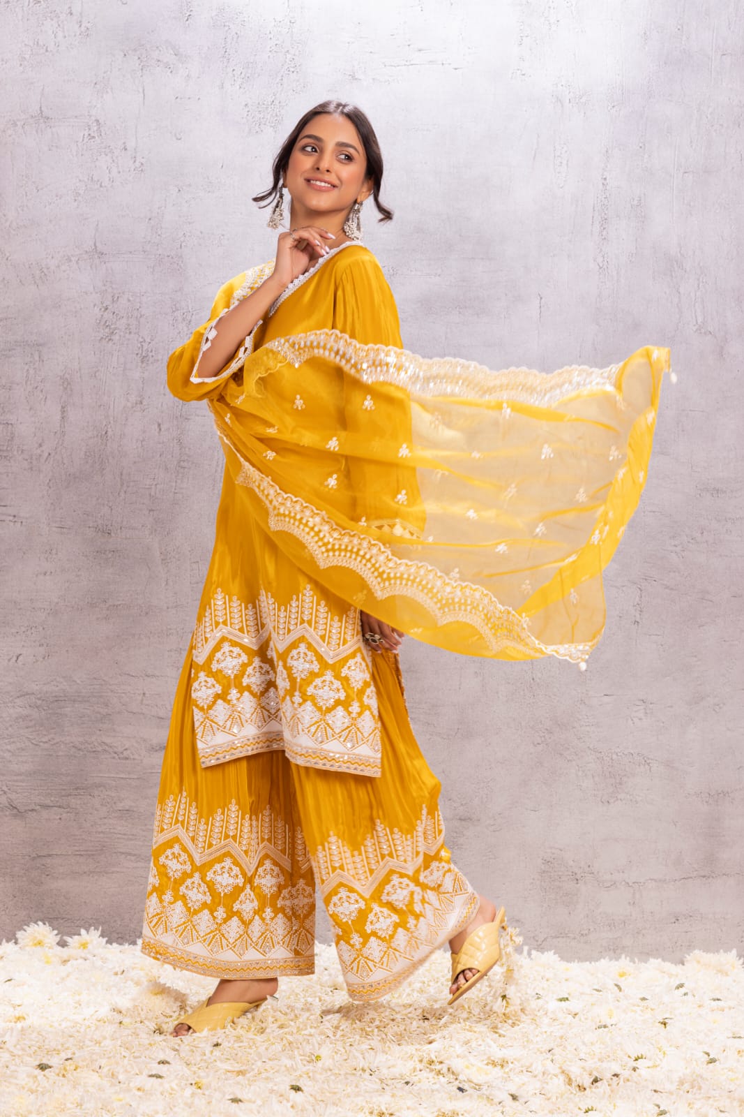 MUSTARD Crepe SUIT SET WITH ORGANZA DUPATTA