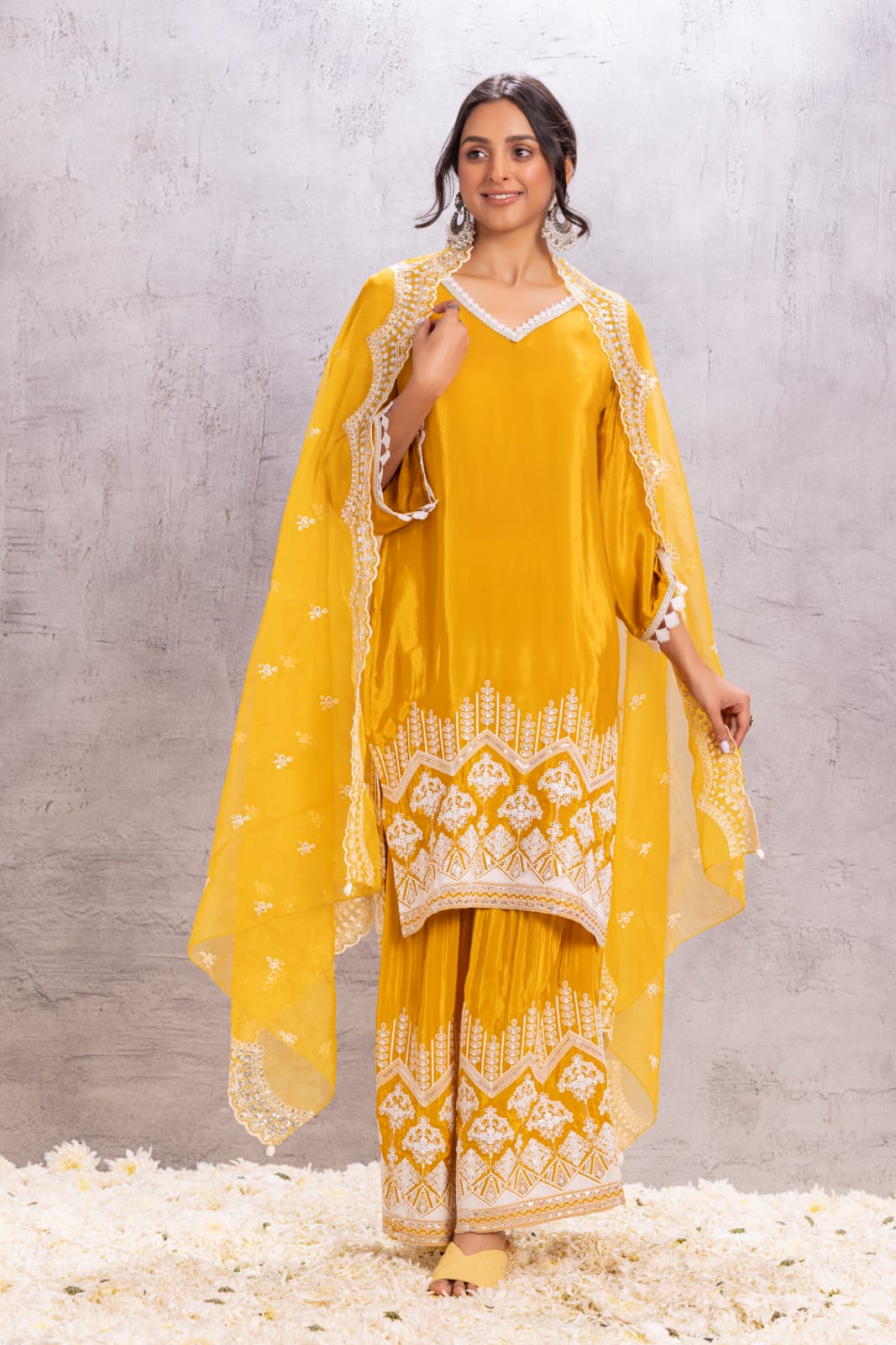 MUSTARD Crepe SUIT SET WITH ORGANZA DUPATTA