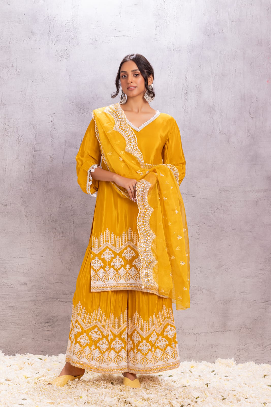 MUSTARD Crepe SUIT SET WITH ORGANZA DUPATTA