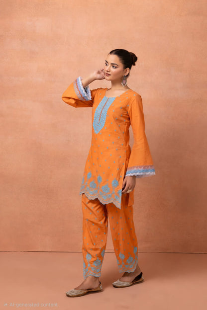 Orange And Blue Embroidered Cotton Farshi Salwar Suit Set