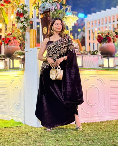 WINE VELVET Saree drape fusion dress