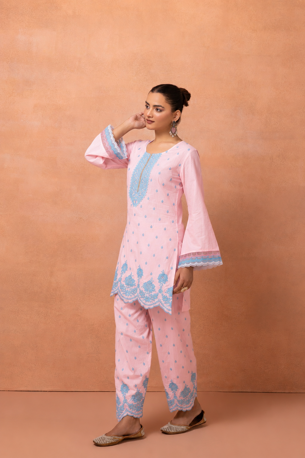 Baby Pink And Blue Embroidered Cotton Farshi Salwar Suit Set