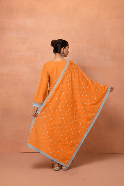 Orange And Blue Embroidered Cotton Farshi Salwar Suit Set