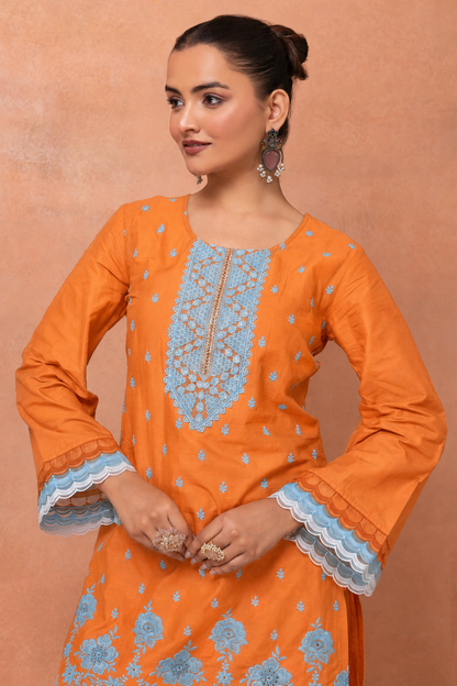 Orange And Blue Embroidered Cotton Farshi Salwar Suit Set