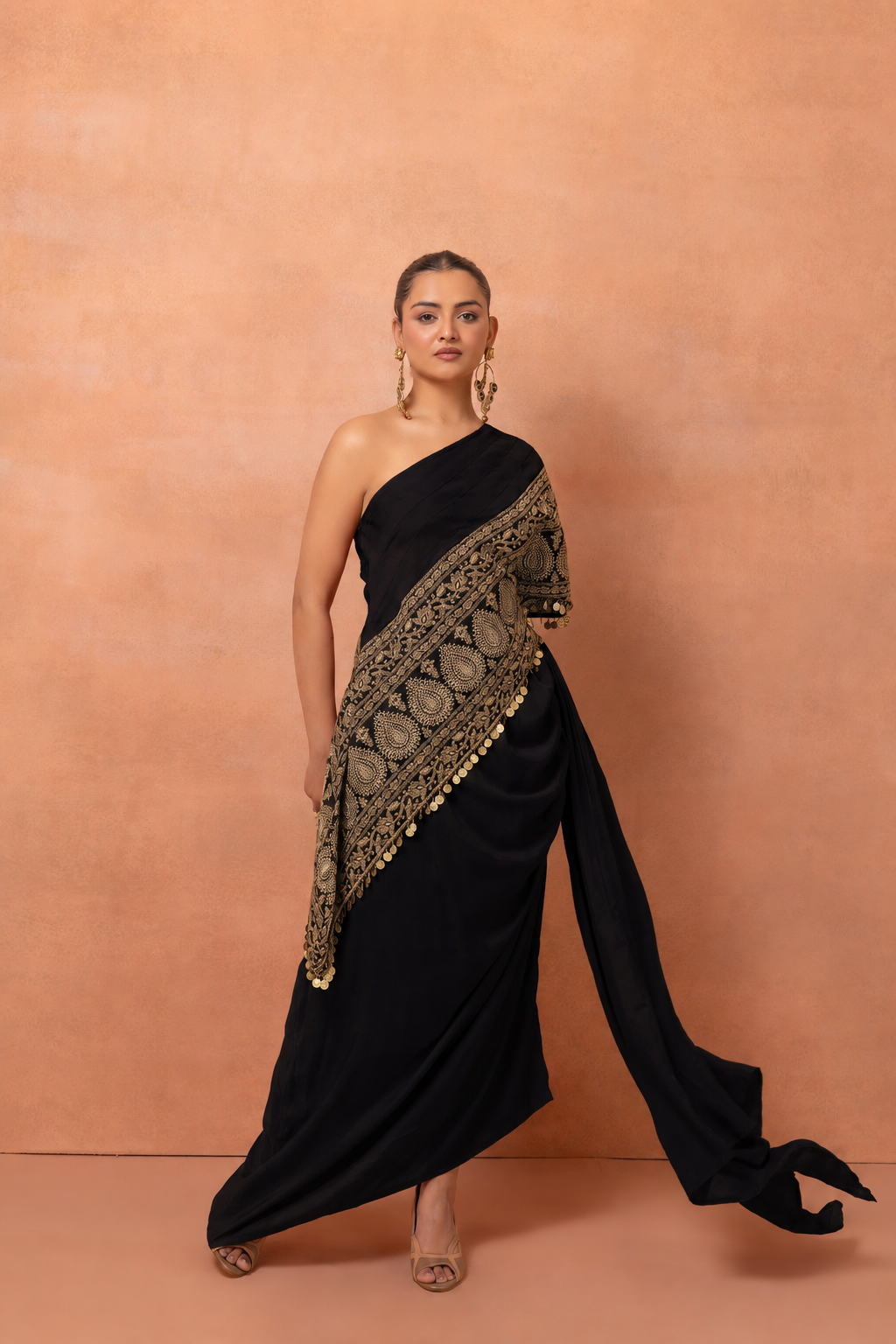 Black Embroidered Kaftan And Skirt Set