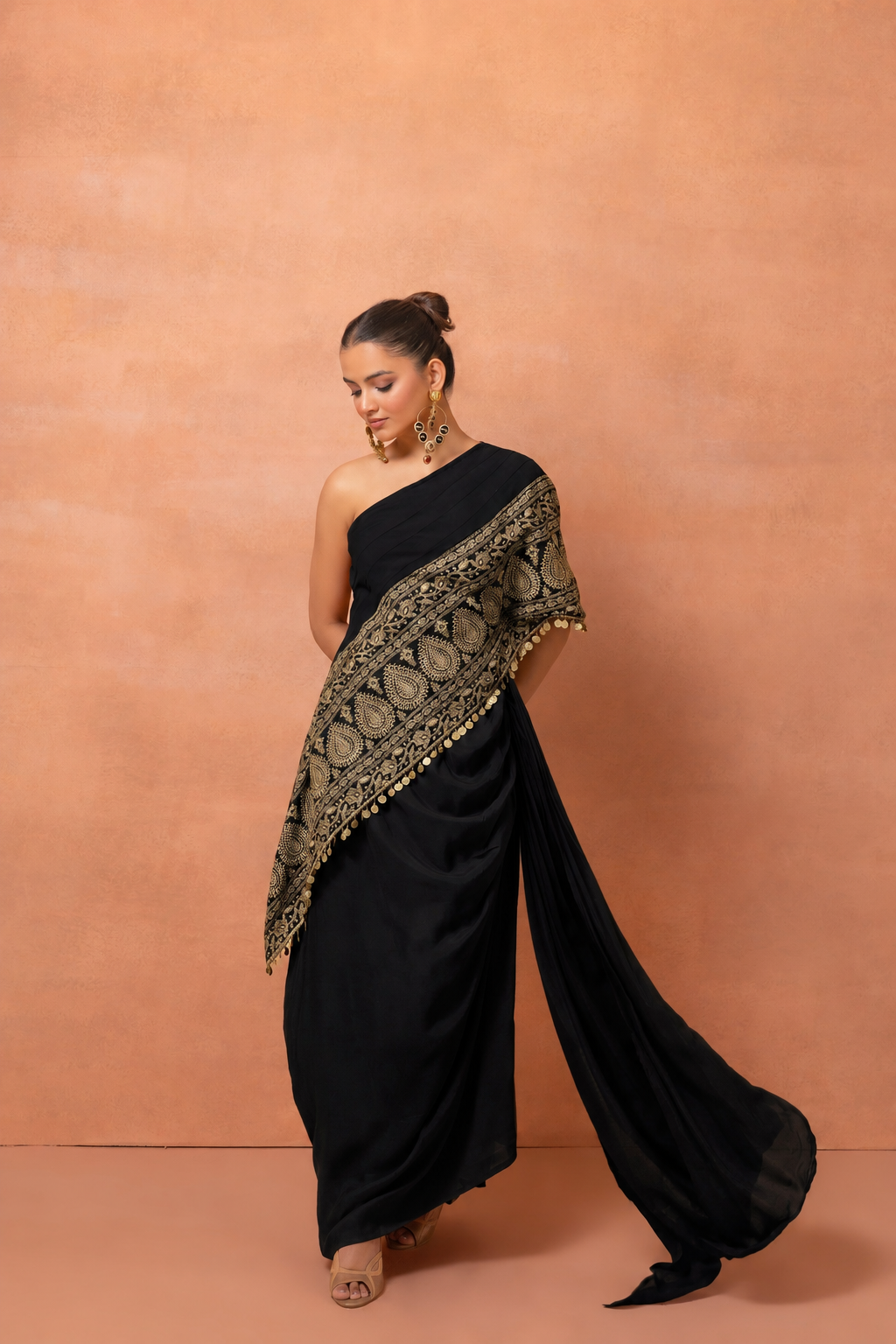 Black Embroidered Kaftan And Skirt Set