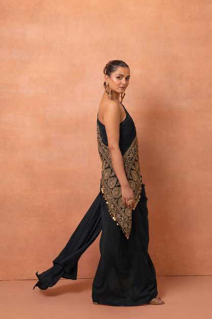 Black Embroidered Kaftan And Skirt Set