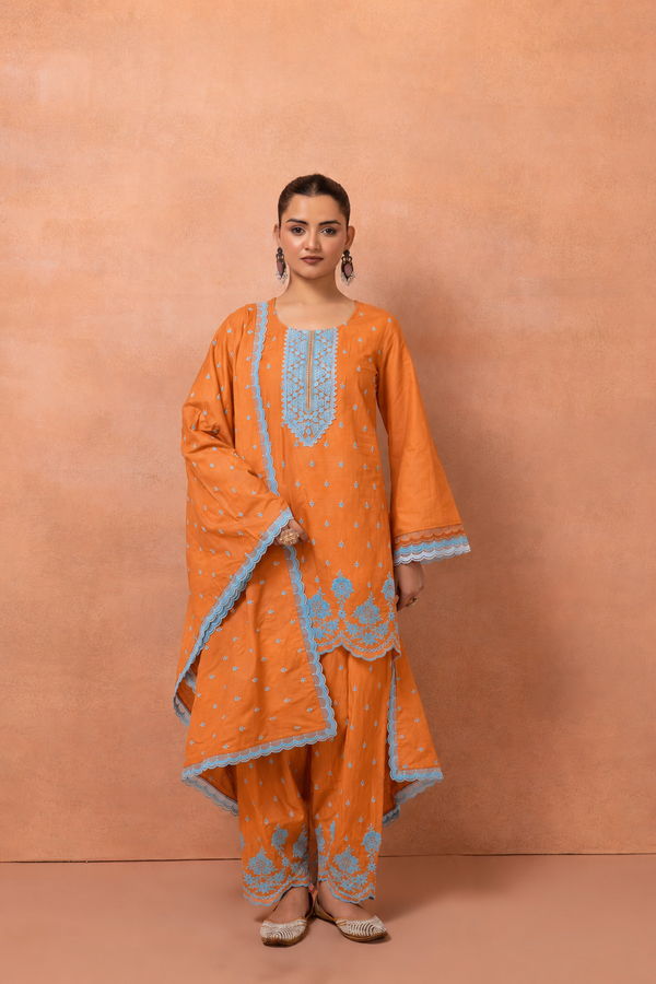 Orange And Blue Embroidered Cotton Farshi Salwar Suit Set