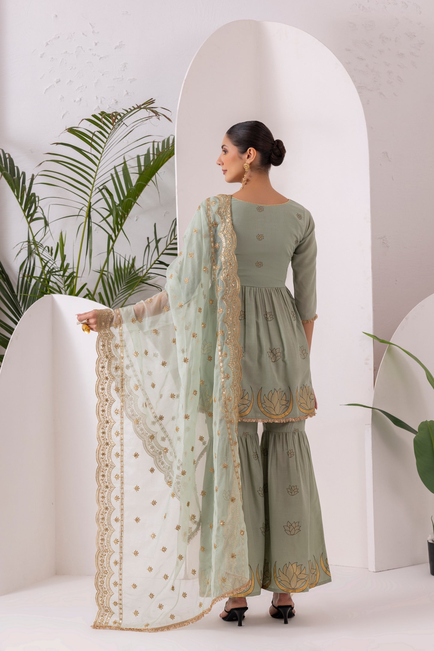 TEAL GREEN GOLD PRINTED SUIT SET