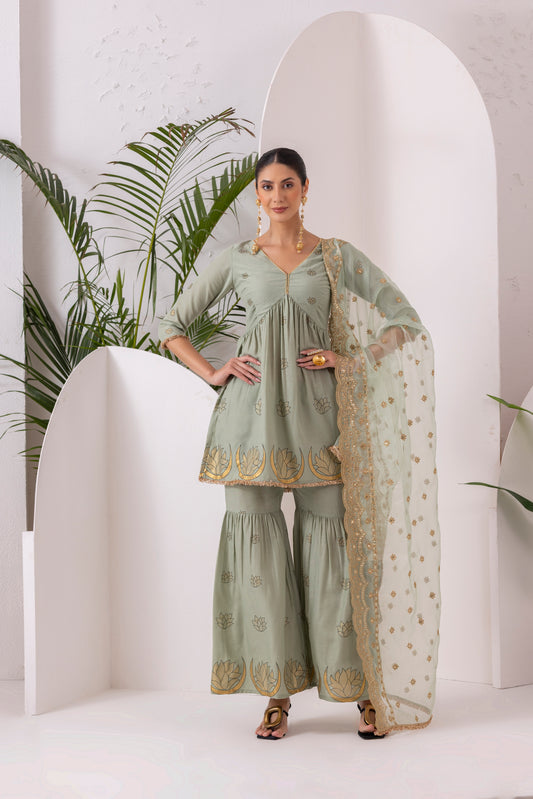 TEAL GREEN GOLD PRINTED SUIT SET