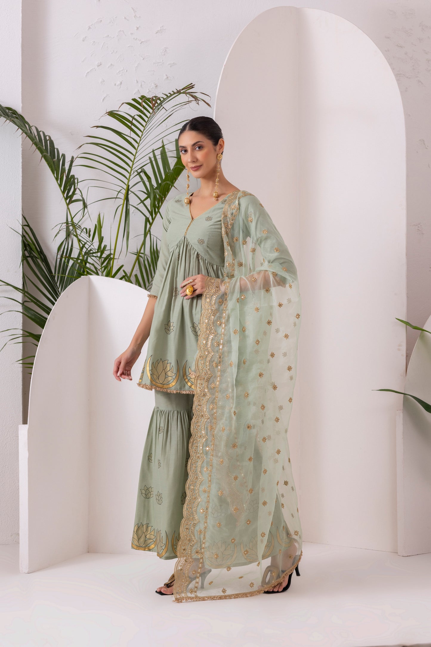 TEAL GREEN GOLD PRINTED SUIT SET
