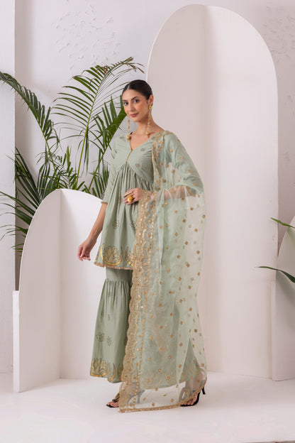 TEAL GREEN GOLD PRINTED SUIT SET
