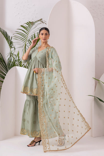 TEAL GREEN GOLD PRINTED SUIT SET