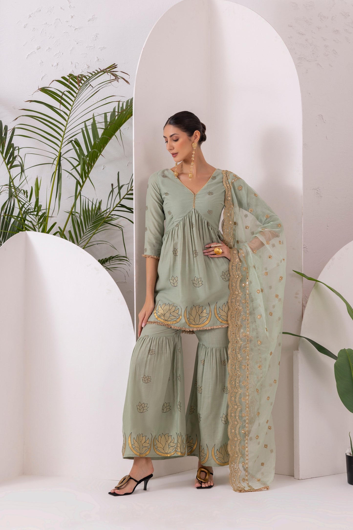 TEAL GREEN GOLD PRINTED SUIT SET