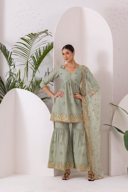 TEAL GREEN GOLD PRINTED SUIT SET