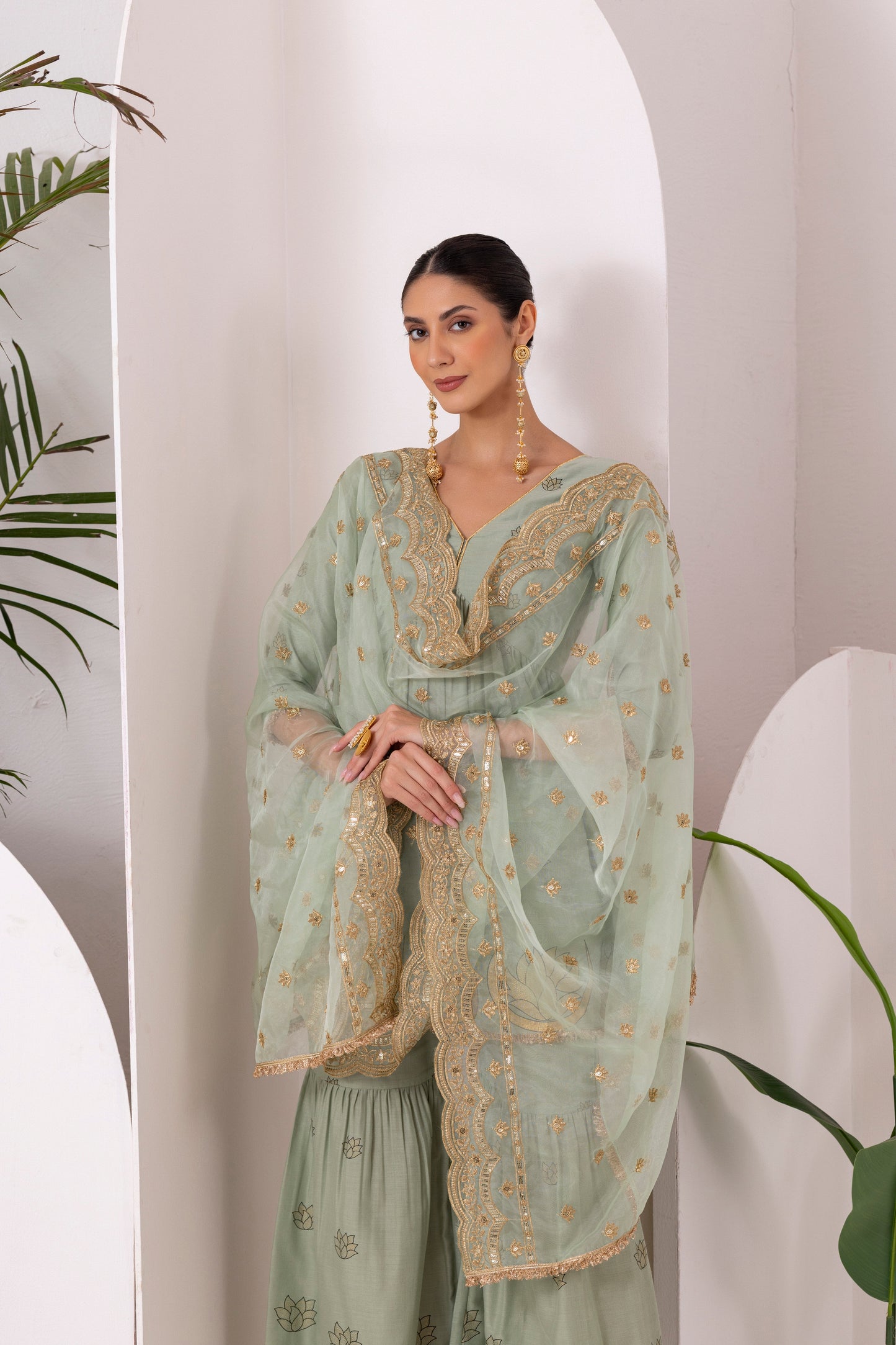 TEAL GREEN GOLD PRINTED SUIT SET