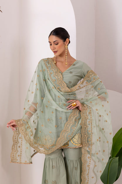 TEAL GREEN GOLD PRINTED SUIT SET