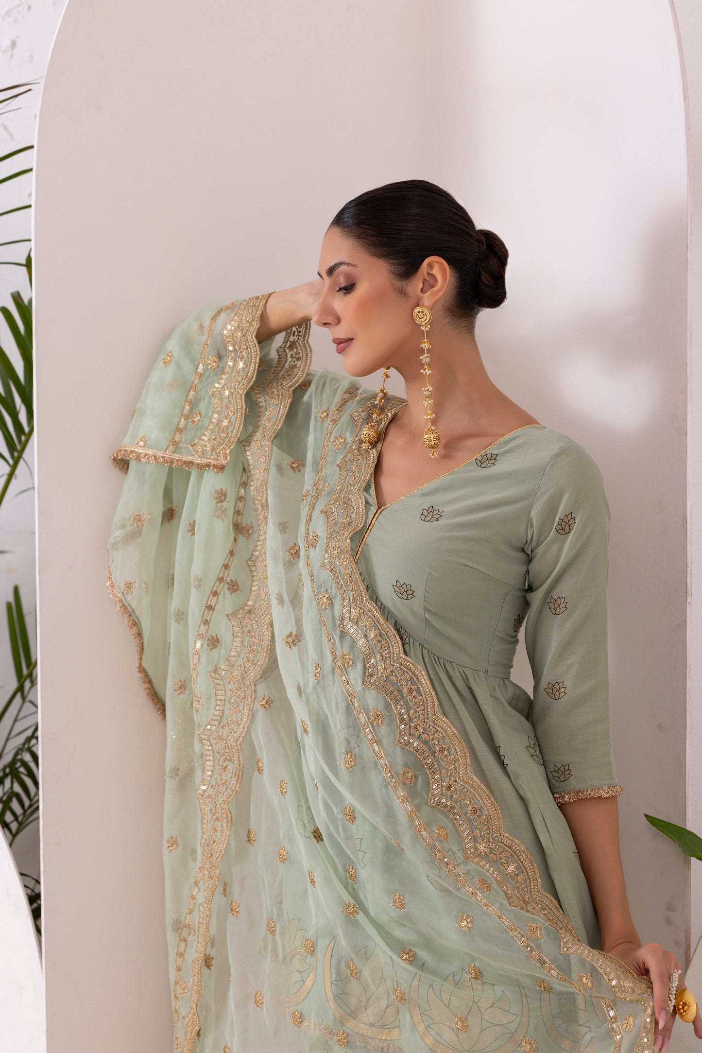 TEAL GREEN GOLD PRINTED SUIT SET
