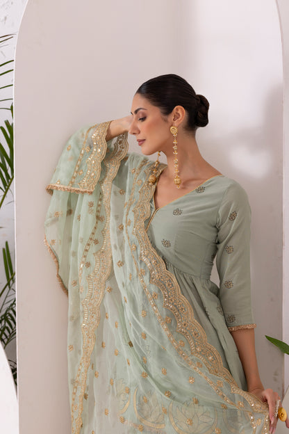 TEAL GREEN GOLD PRINTED SUIT SET