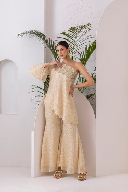 BEIGE GOLD OFF-SHOULDER FUSION SET