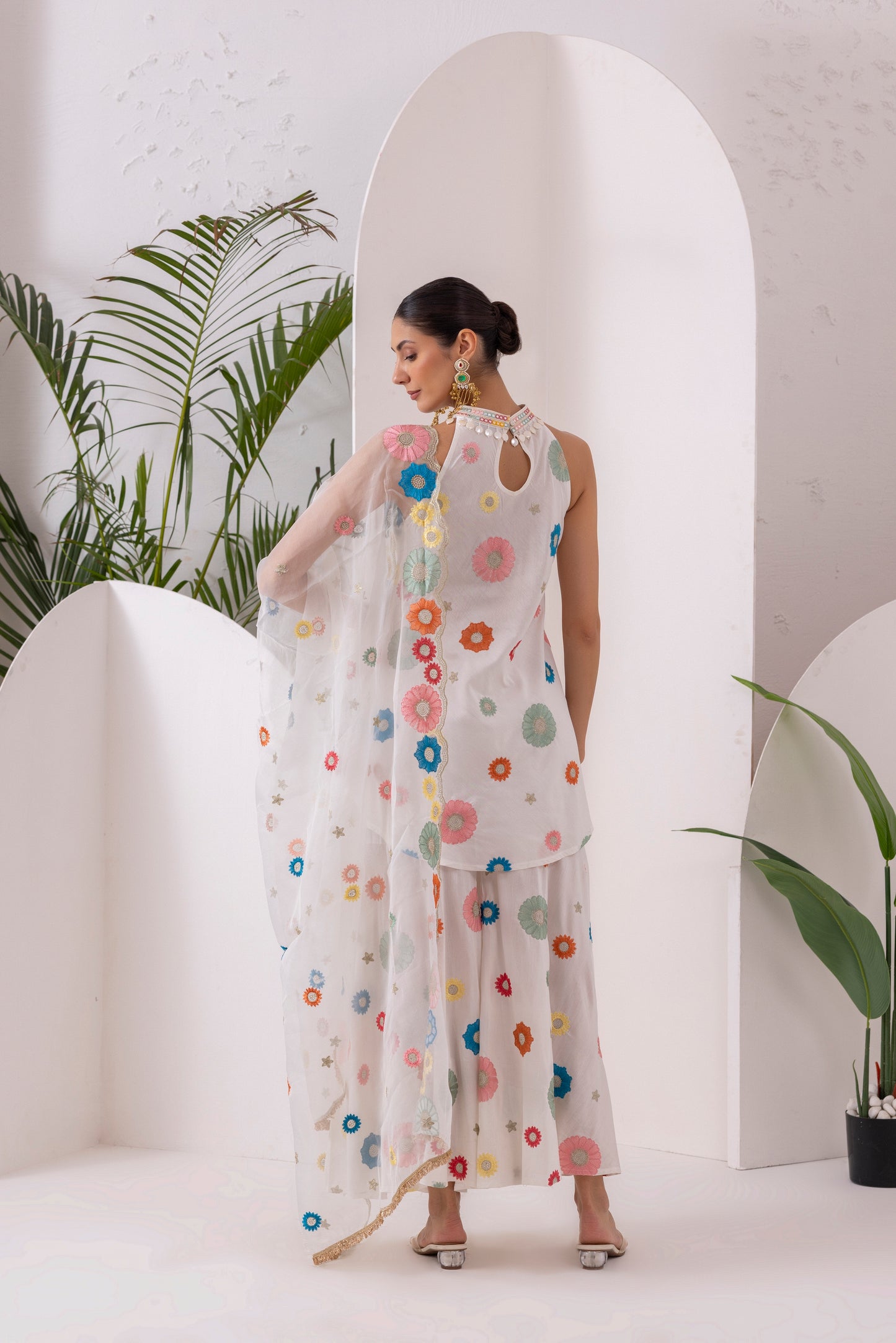 WHITE MULTICOLORED FLORAL EMBROIDERED SUIT SET