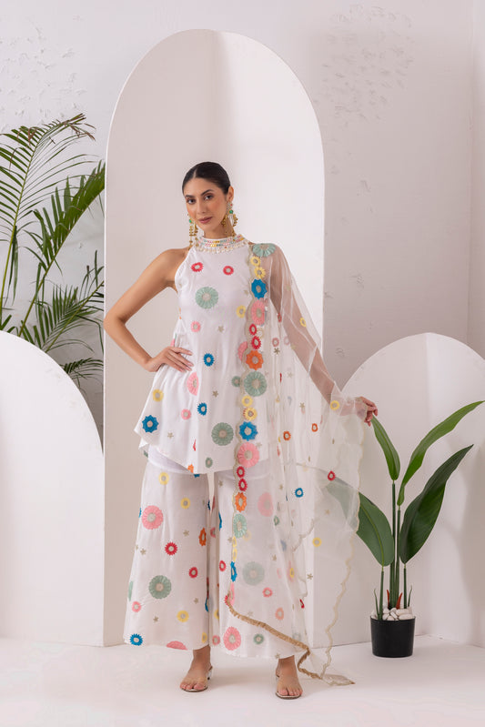 WHITE MULTICOLORED FLORAL EMBROIDERED SUIT SET