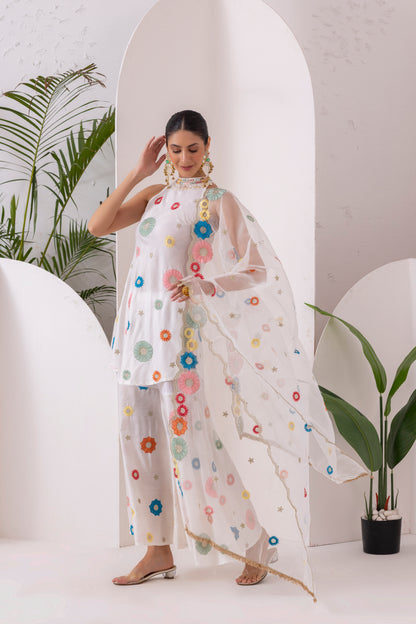 WHITE MULTICOLORED FLORAL EMBROIDERED SUIT SET