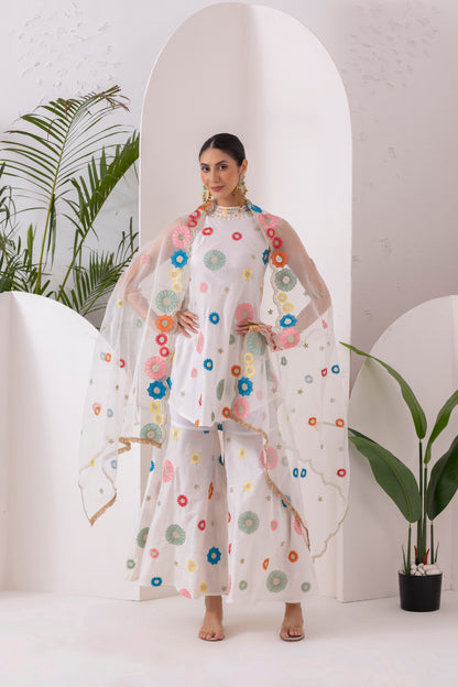 WHITE MULTICOLORED FLORAL EMBROIDERED SUIT SET