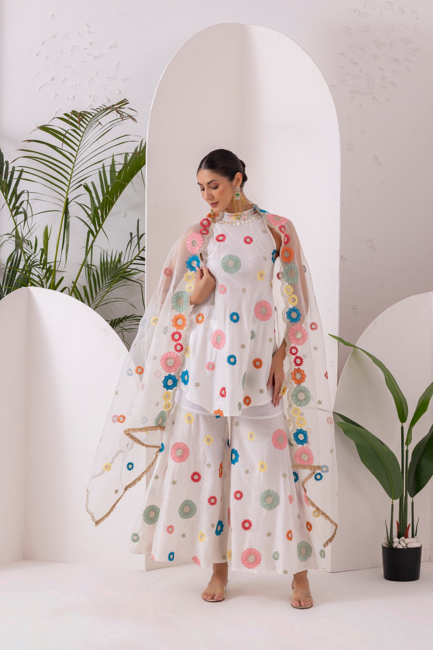 WHITE MULTICOLORED FLORAL EMBROIDERED SUIT SET