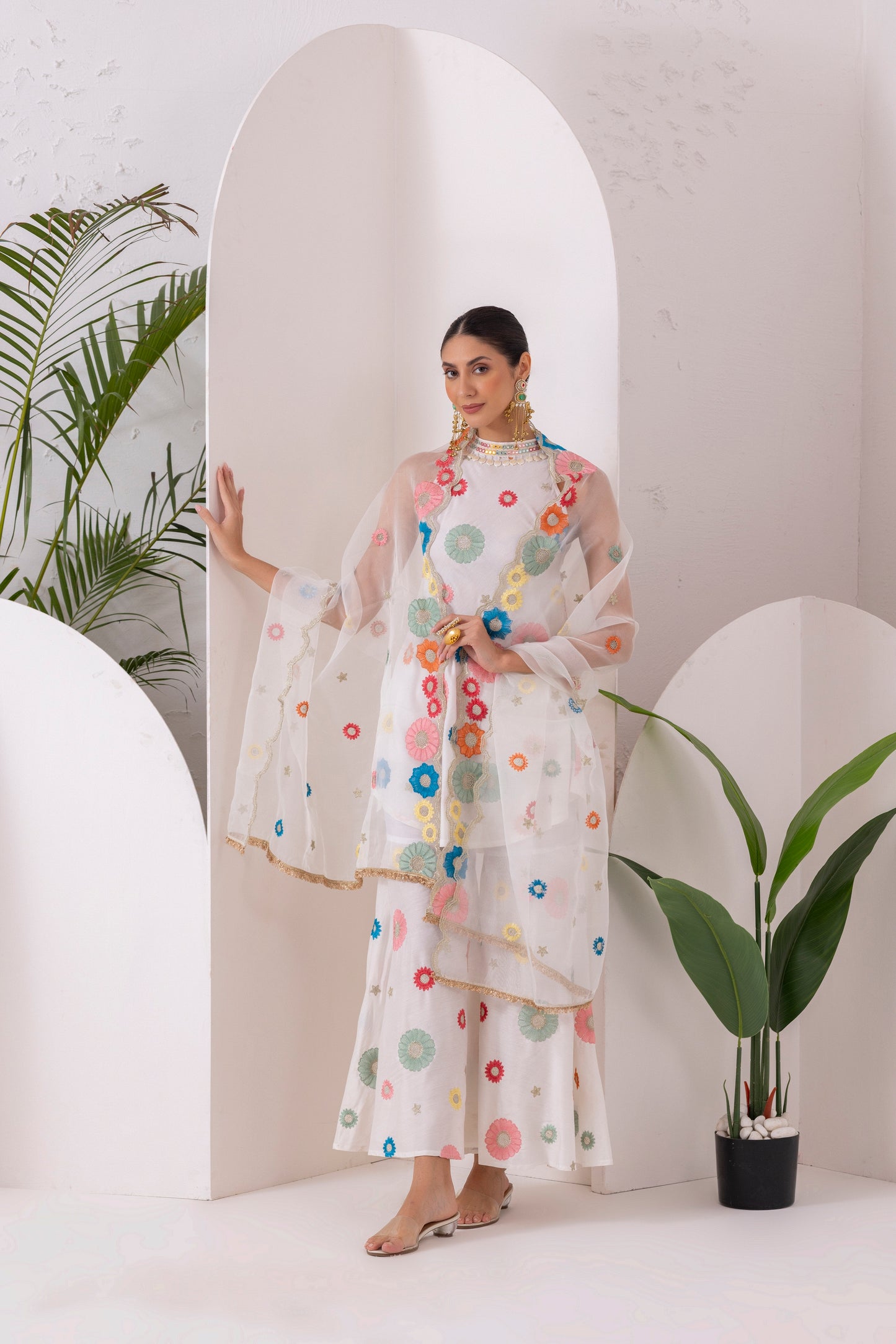 WHITE MULTICOLORED FLORAL EMBROIDERED SUIT SET