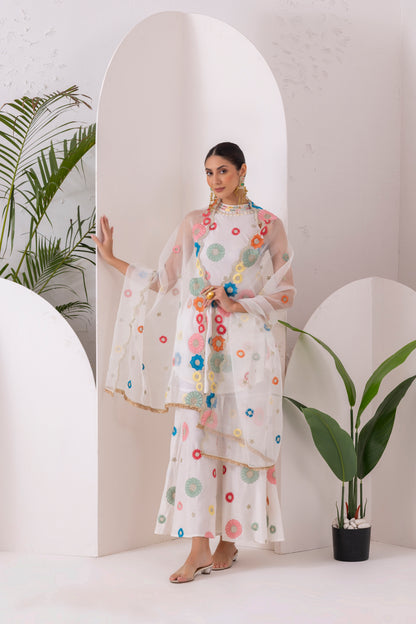 WHITE MULTICOLORED FLORAL EMBROIDERED SUIT SET