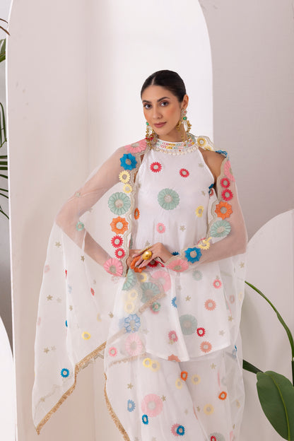 WHITE MULTICOLORED FLORAL EMBROIDERED SUIT SET