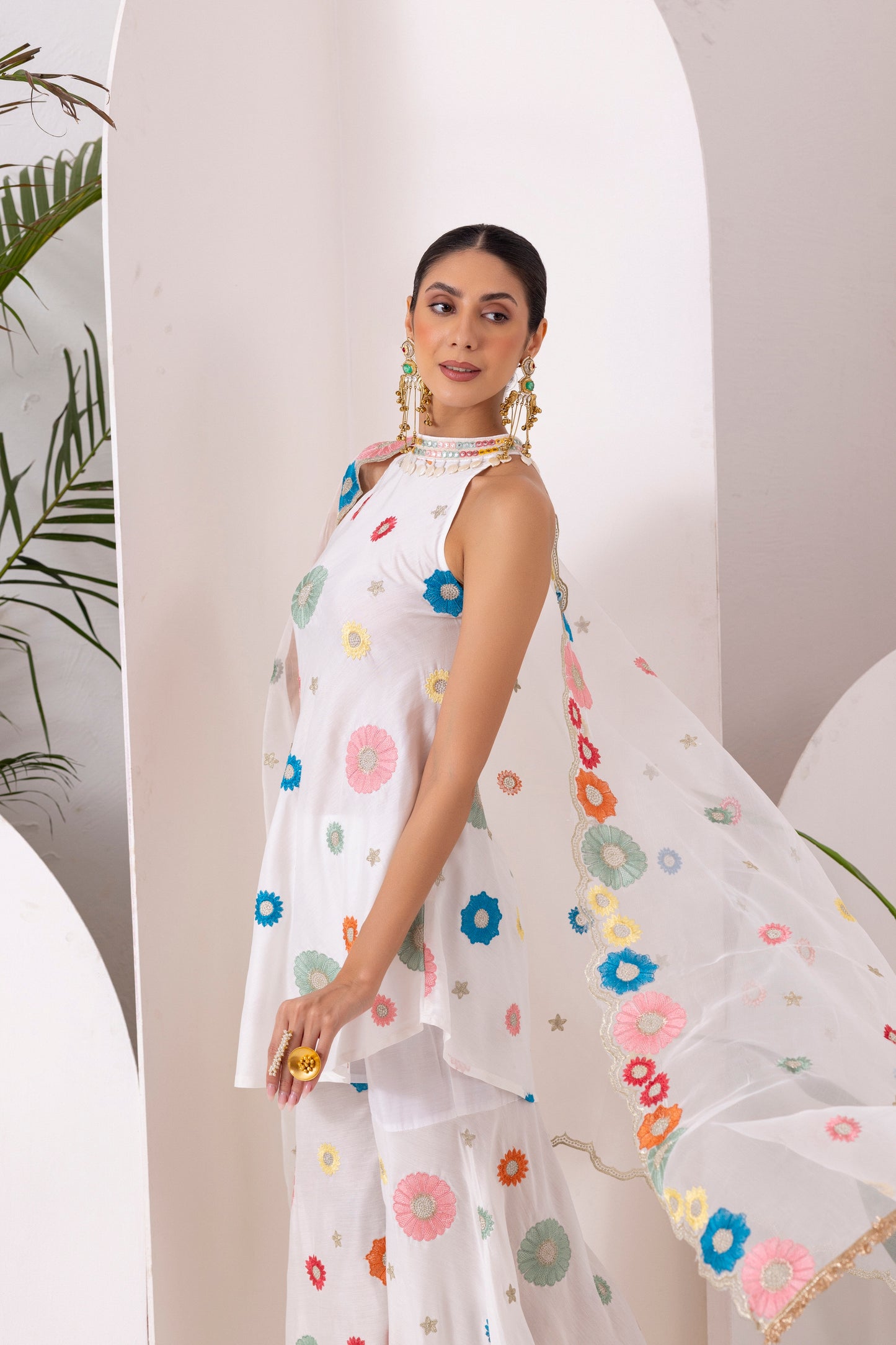 WHITE MULTICOLORED FLORAL EMBROIDERED SUIT SET