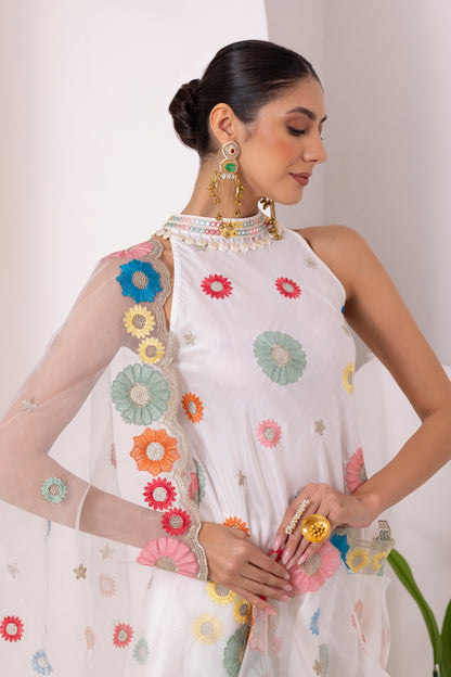 WHITE MULTICOLORED FLORAL EMBROIDERED SUIT SET