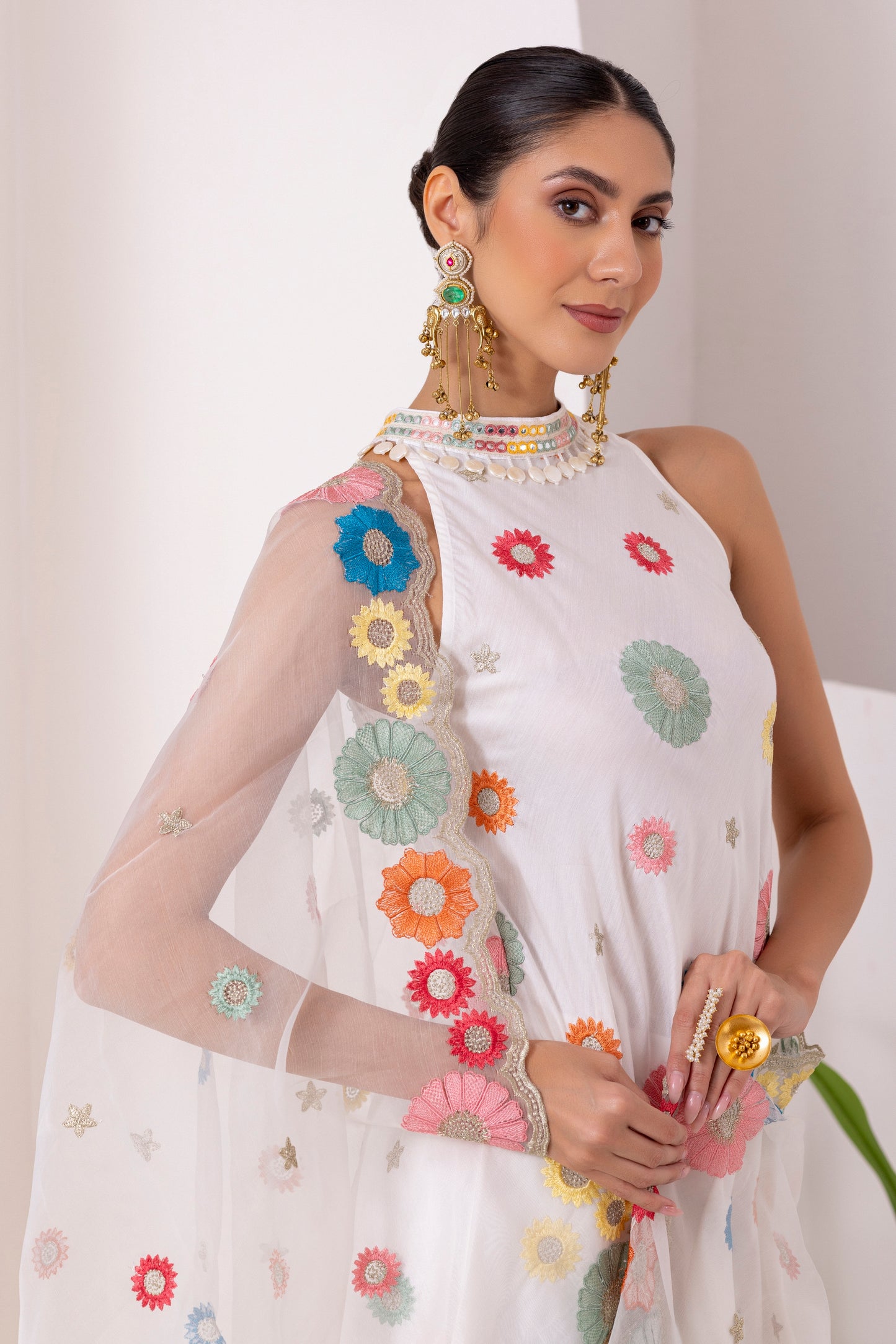 WHITE MULTICOLORED FLORAL EMBROIDERED SUIT SET