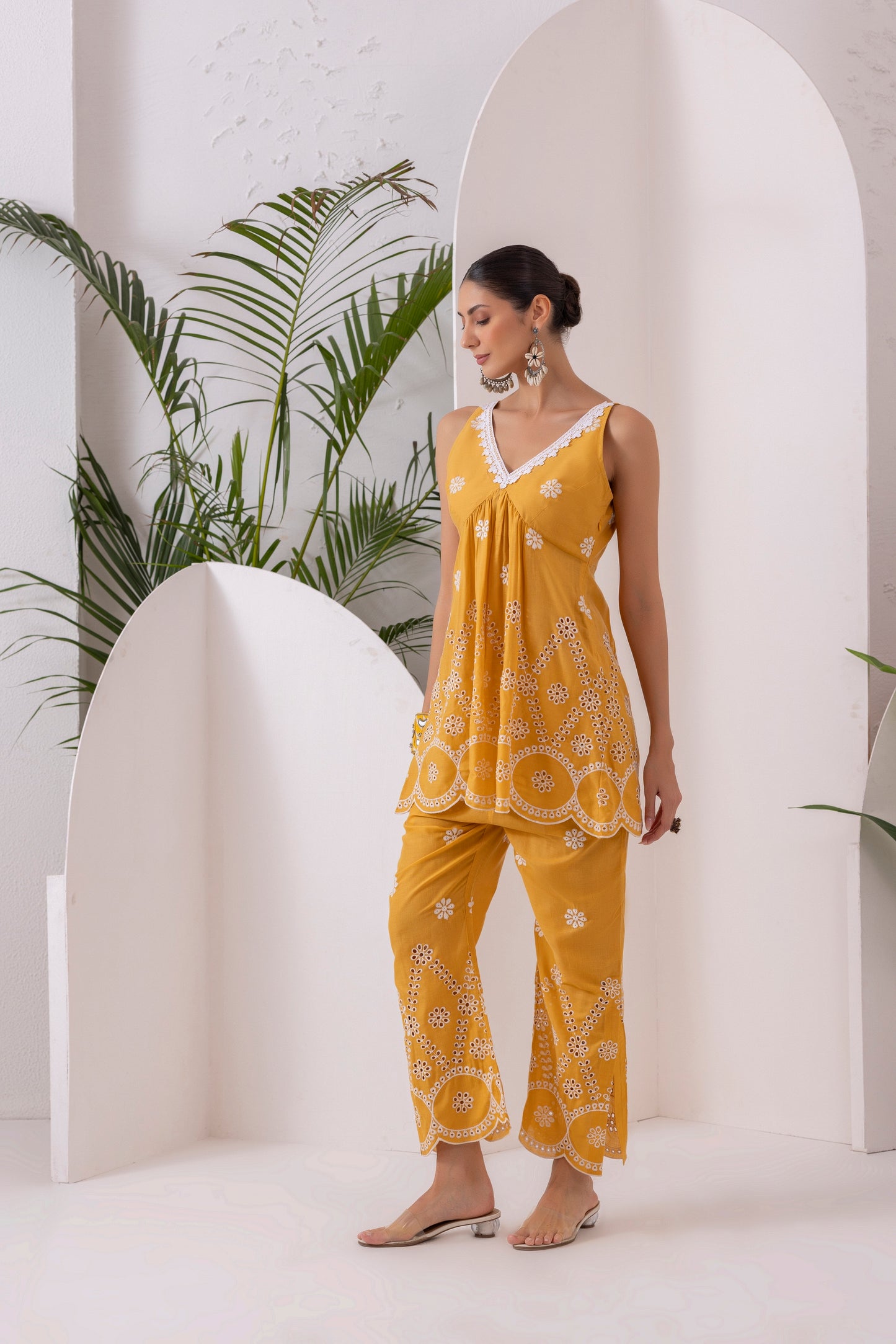 Yellow Scallop Embroidered Kurta Set