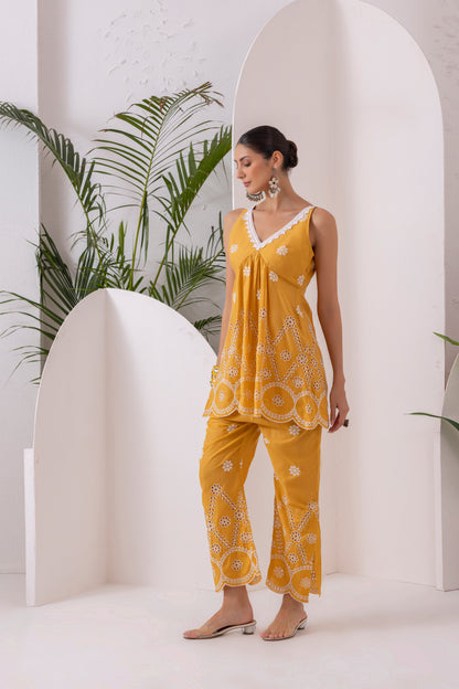 Yellow Scallop Embroidered Kurta Set