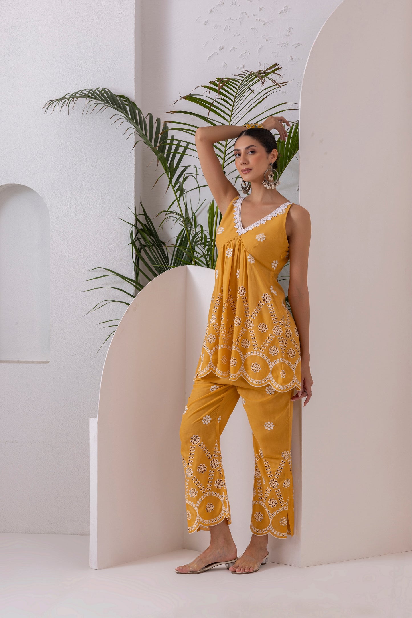 Yellow Scallop Embroidered Kurta Set