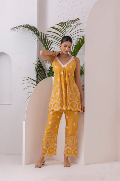 Yellow Scallop Embroidered Kurta Set