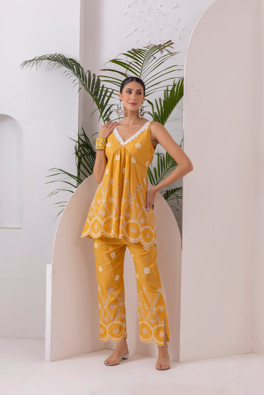 Yellow Scallop Embroidered Kurta Set