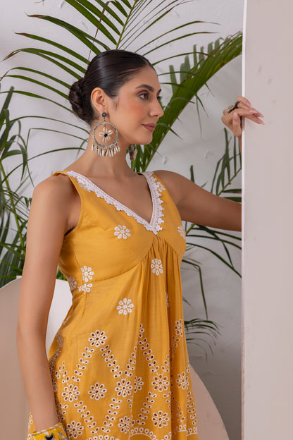 Yellow Scallop Embroidered Kurta Set