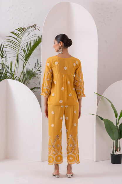 YELLOW AND WHITE FLORAL EMBROIDERED CO-ORD SET