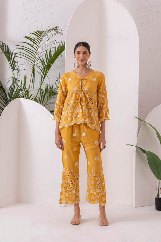 YELLOW AND WHITE FLORAL EMBROIDERED CO-ORD SET