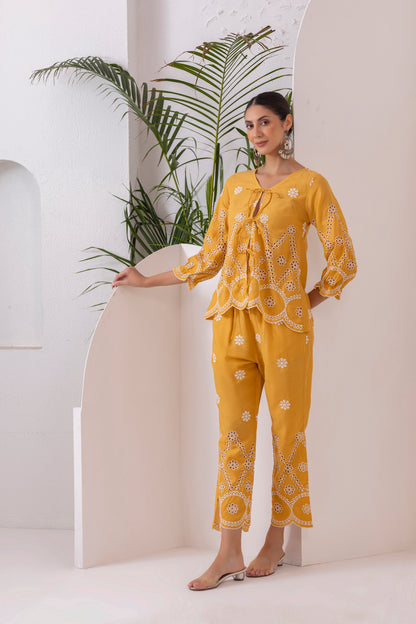 YELLOW AND WHITE FLORAL EMBROIDERED CO-ORD SET