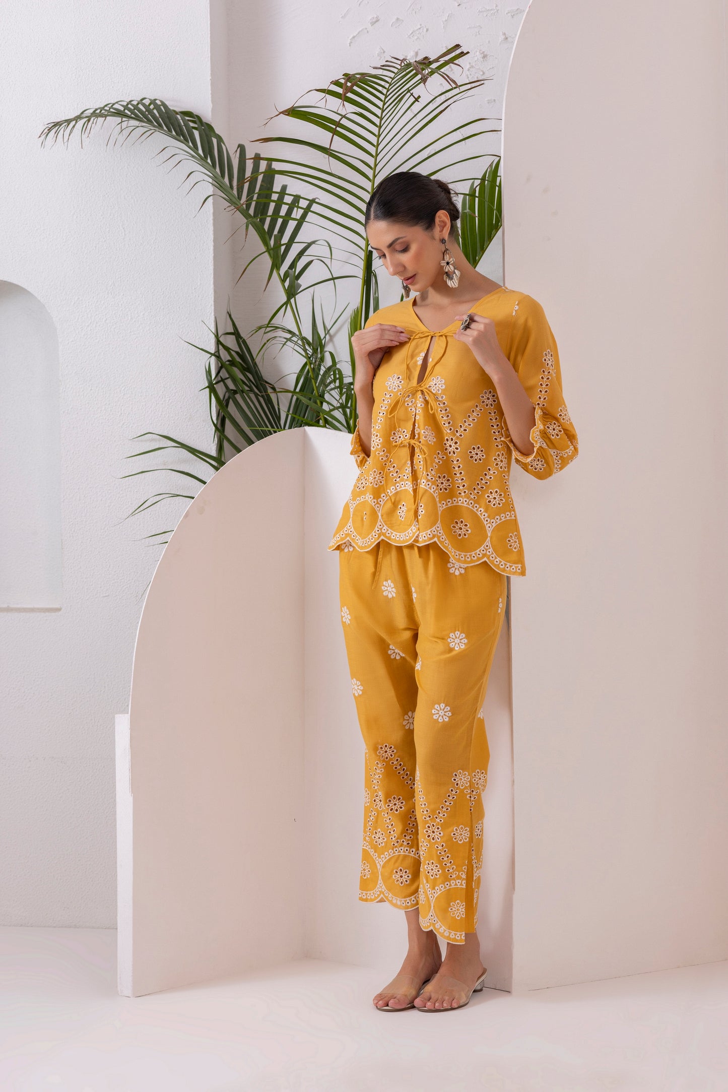 YELLOW AND WHITE FLORAL EMBROIDERED CO-ORD SET